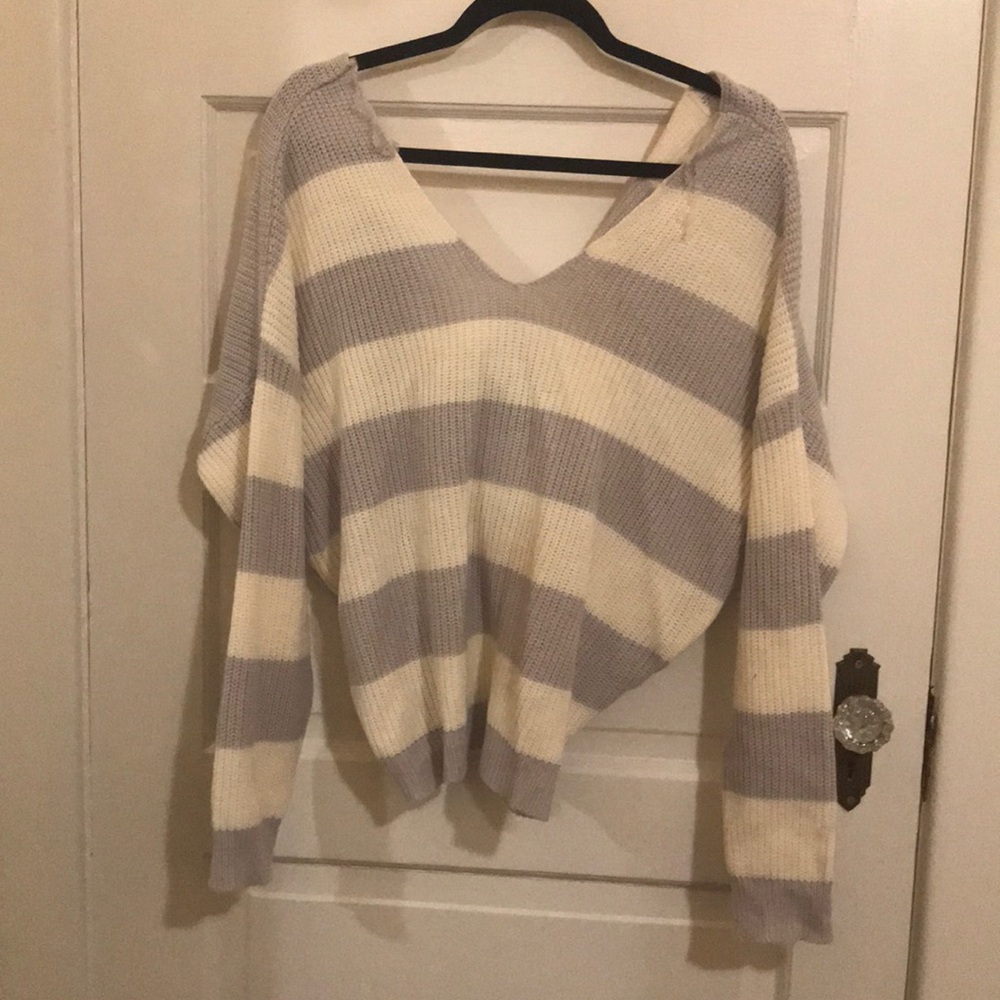 Twisted back purple and white stripe sweater
